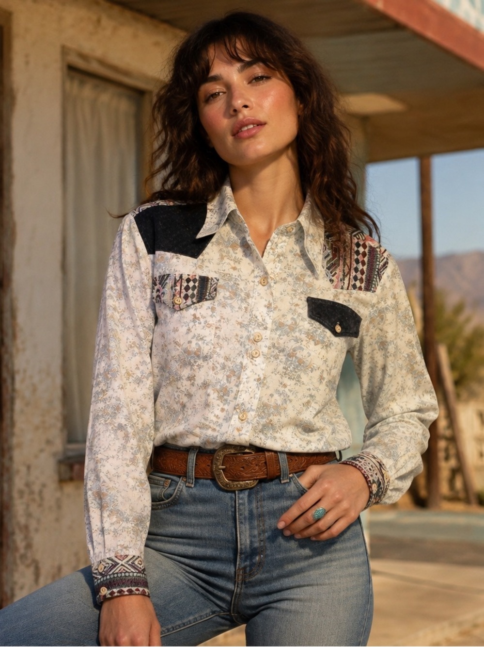 Vintage 70s Kennington Toile Patchwork Western Shirt Boho M Patchwork Button Up